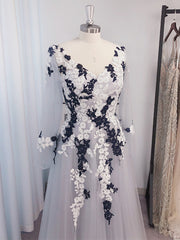 A-line V-neck Long Sleeves Appliques Lace Floor-Length Tulle Dress