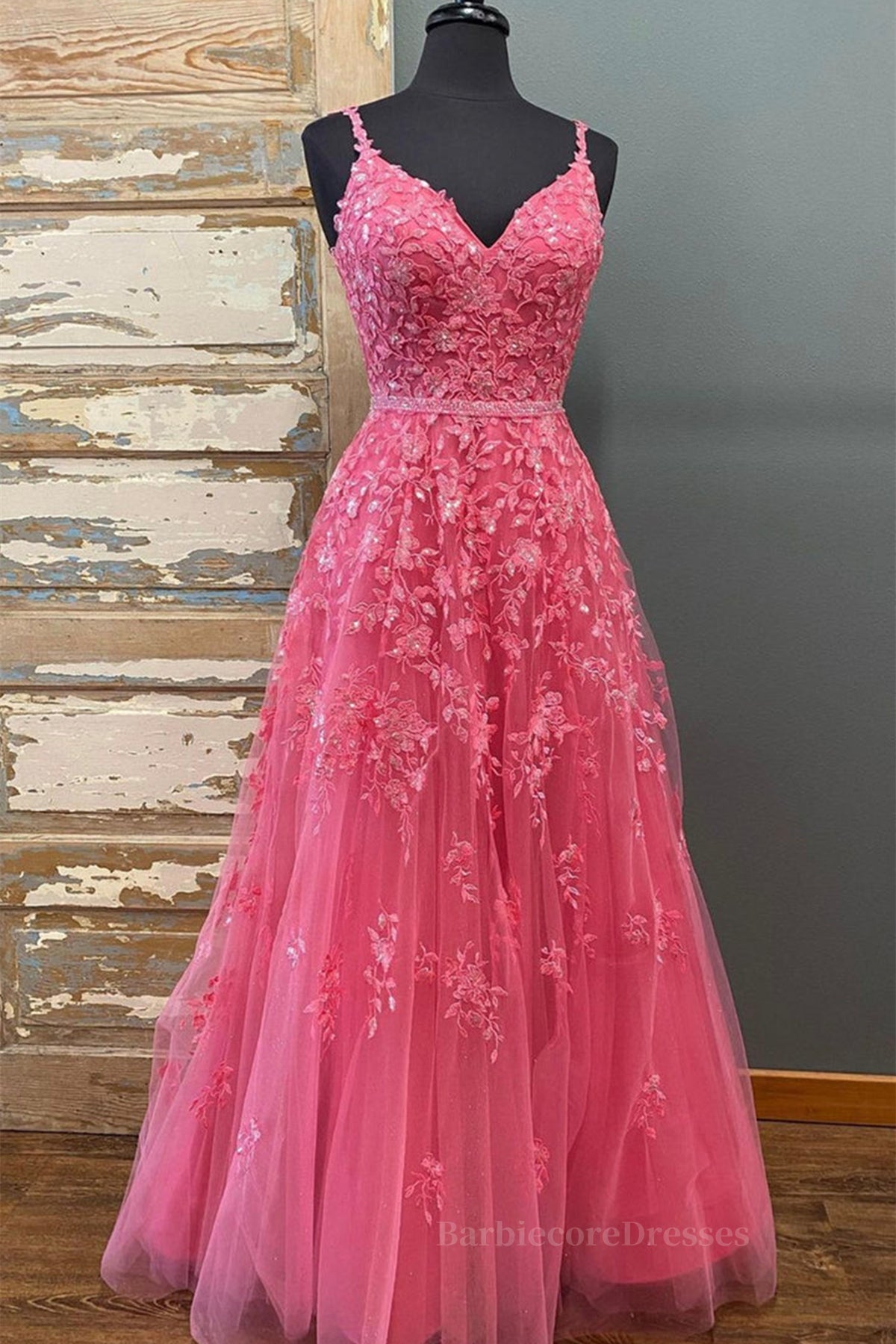 A Line V Neck Open Back Beaded Hot Pink Lace Long Prom Dresses, Hot Pink Lace Formal Graduation Evening Dresses