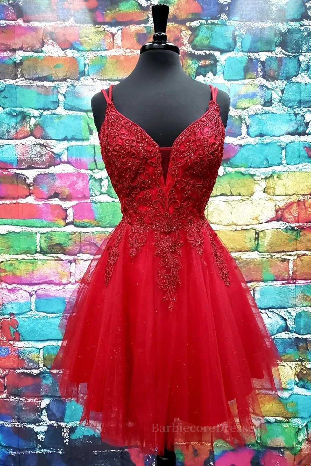 A Line V Neck Short Dark Red Lace Prom Dresses, Short Dark Red Lace Formal Homecoming Dresses