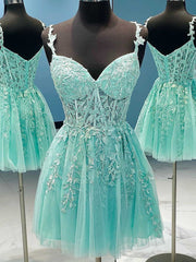 A Line V Neck Short Green Lace Prom Dresses, Short Green Lace Formal Homecoming Dresses