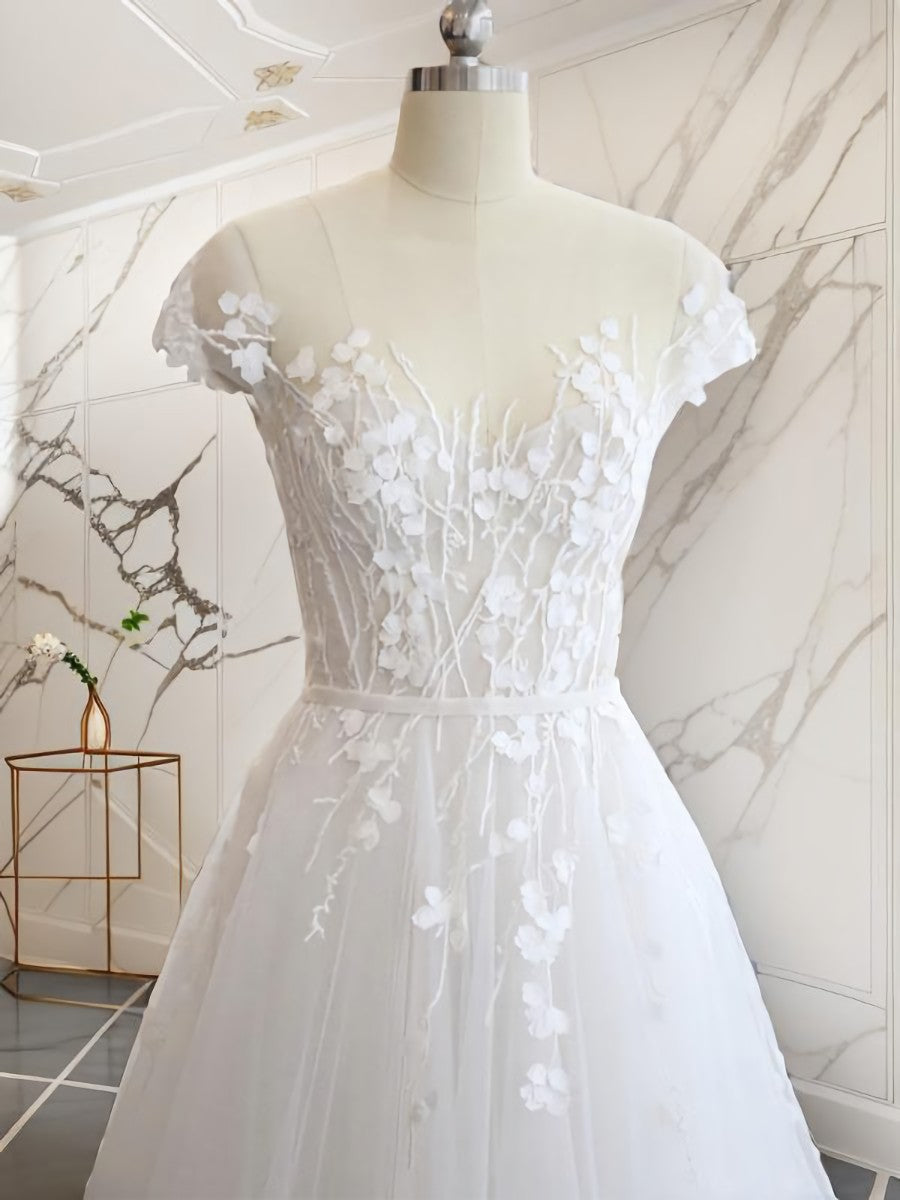 A-line V-neck Short Sleeves Hand-Made Flower Court Train Tulle Wedding Dress