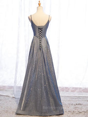 A Line V Neck Silver Gray Long Prom Dresses, Gray Long Formal Evening Dresses