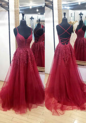 A Line V Neck Sleeveless Chapel Train Tulle Prom Dress With Appliqued Lace