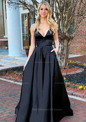 A Line V Neck Sleeveless Charmeuse Long Floor Length Prom Dress With Pockets