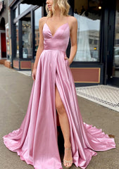 A Line V Neck Sleeveless Charmeuse Sweep Train Prom Dress With Pockets