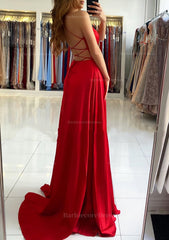 A Line V Neck Sleeveless Charmeuse Sweep Train Prom Dress With Split