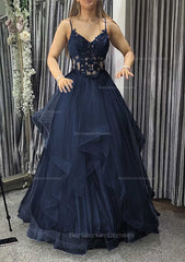 A Line V Neck Sleeveless Long Floor Length Tulle Charmeuse Prom Dress With Appliqued Lace