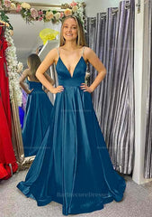 A Line V Neck Sleeveless Satin Sweep Train Prom Dress With Beading