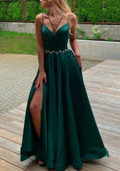 A Line V Neck Sleeveless Satin Sweep Train Prom Dress With Pockets Waistband Split