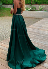 A Line V Neck Sleeveless Satin Sweep Train Prom Dress With Pockets Waistband Split