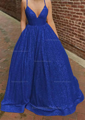 A Line V Neck Sleeveless Sweep Train Sequined Prom Dress With Pockets