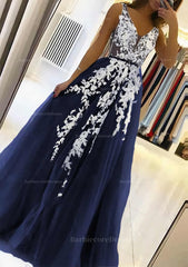 A Line V Neck Sleeveless Sweep Train Tulle Prom Dress With Beading Lace