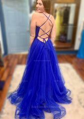 A Line V Neck Spaghetti Straps Court Train Tulle Prom Dress With Split