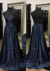 A Line V Neck Spaghetti Straps Sweep Train Charmeuse Prom Dress With Split