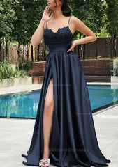 A Line V Neck Spaghetti Straps Sweep Train Satin Prom Dress With Appliqued Beading Pleated Split