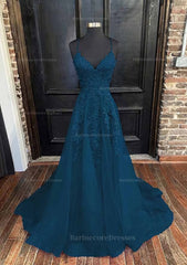 A Line V Neck Spaghetti Straps Sweep Train Tulle Prom Dress With Appliqued