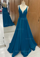 A Line V Neck Sweep Train Satin Prom Dress With Pleated