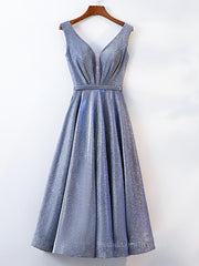 A Line V Neck Tea Length Prom Dresses, Shiny Tea Length Formal Evening Dresses