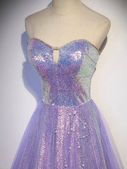 Aline Purple Sweetheart Neck Tulle Long Prom Dress, Purple Evening Dress