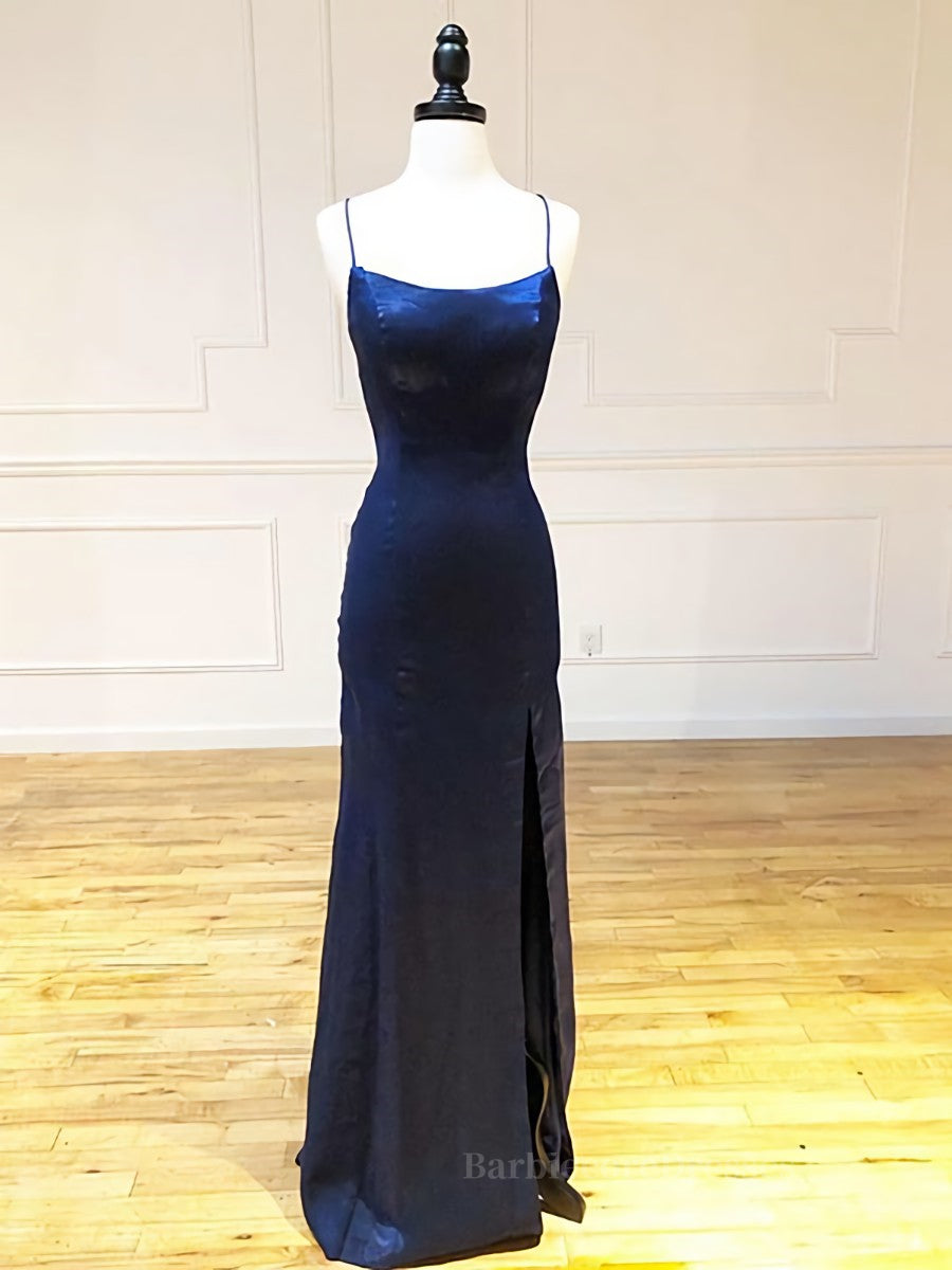 Backless Dark Navy Blue Long Prom Dresses, Dark Navy Blue Formal Graduation Evening Dresses