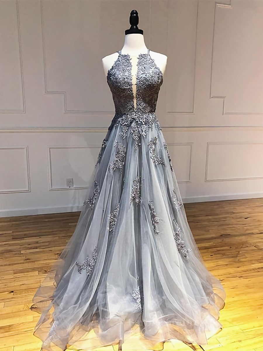 Backless Gray Lace Prom Dresses, Backless Gray Lace Formal Evening Graduation Dresses