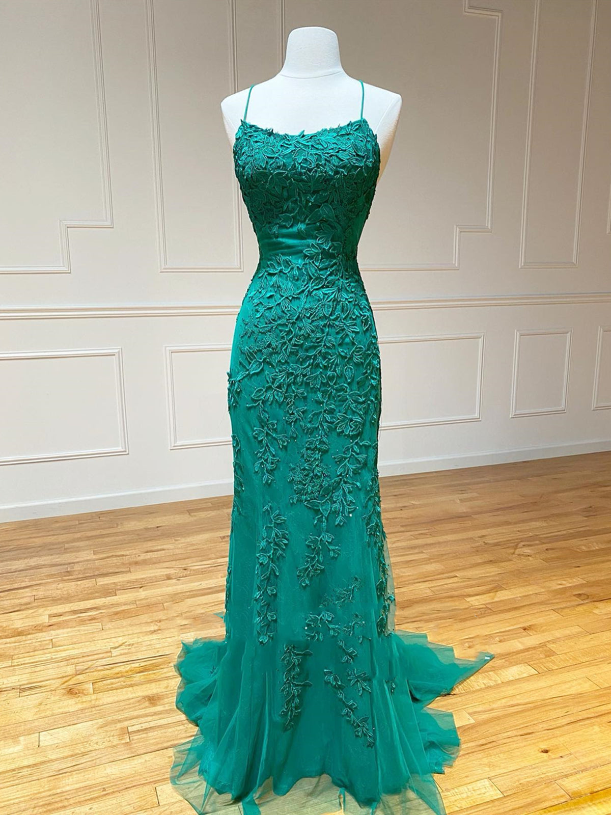 Backless Green Mermaid Lace Prom Dresses, Open Back Green Lace Mermaid Formal Evening Dresses