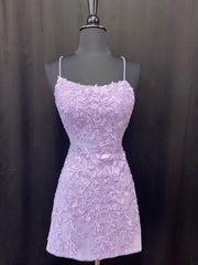 Backless Short Purple Prom Dresses, Open Back Short Purple Lace Graduation Homecoming Dresses