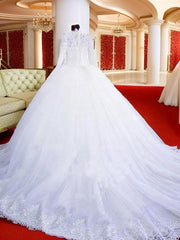 Ball-Gown High Neck Long Sleeves Lace Chapel Train Tulle Wedding Dress