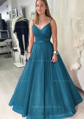 Ball Gown Long Floor Length Sparkling Tulle Prom Dress With Pleated