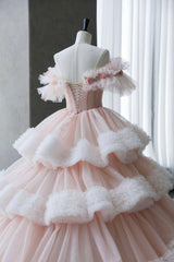 Ball Gown Off Shoulder Pink Tulle Long Prom Dress, Sweet 16 Dress