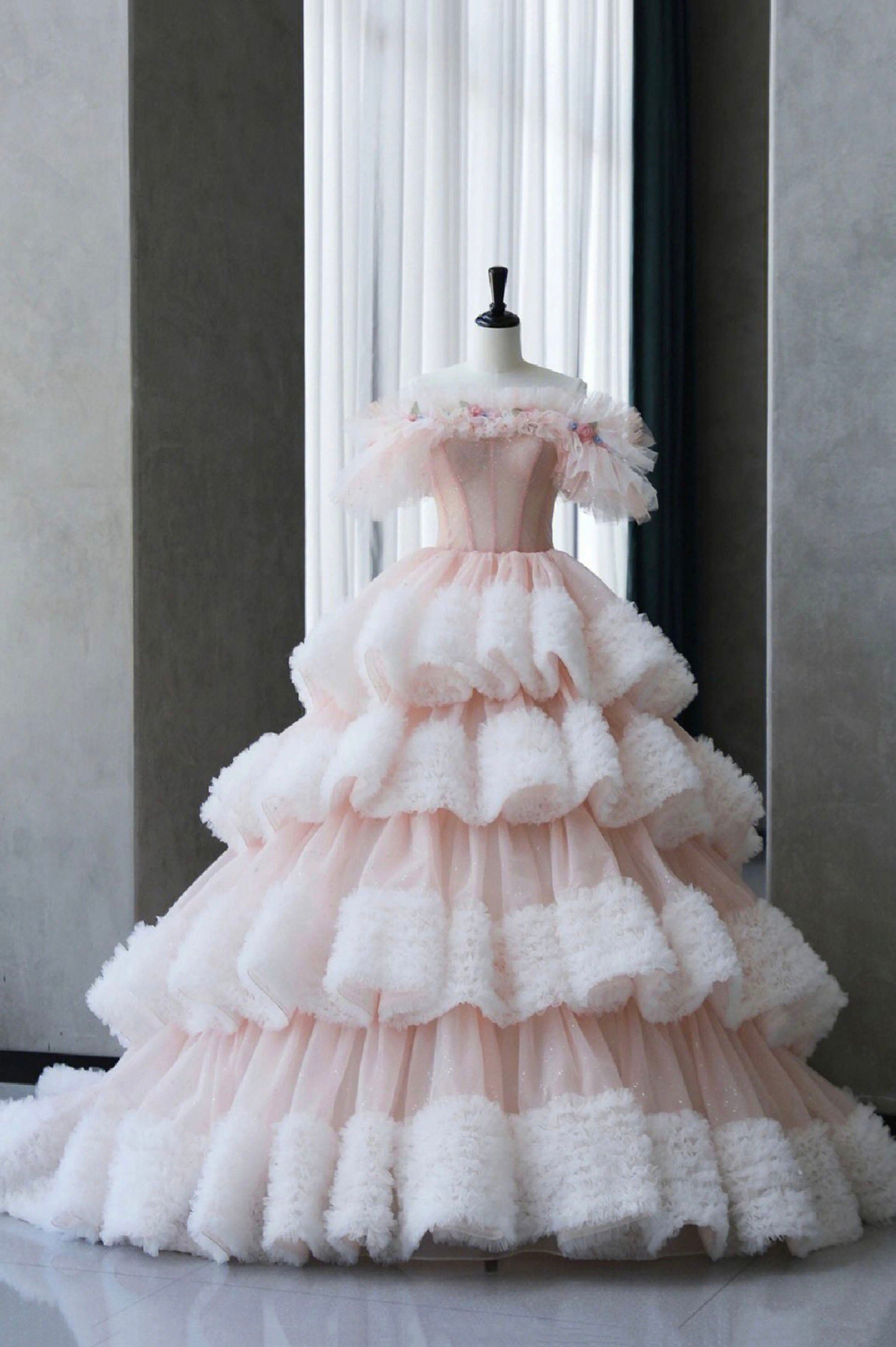 Ball Gown Off Shoulder Pink Tulle Long Prom Dress, Sweet 16 Dress