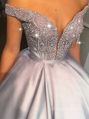 Ball Gown Off-the-Shoulder Floor-Length Satin Prom Dresses With Beading