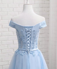 Sky Blue A Line Lace Off Shoulder Prom Dress, Lace Evening Dresses