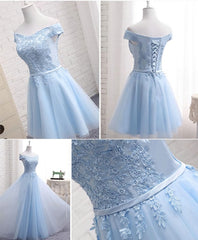 Sky Blue A Line Lace Off Shoulder Prom Dress, Lace Evening Dresses