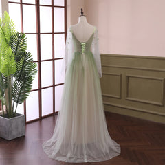 Beautiful Gradient Tulle Green Beaded Long Sleeves Party Dress,Green Formal Dresses