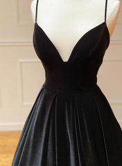 Black A-Line Velvet Long Prom Dresses, Black Evening Dresses