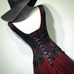 Black and Red Tulle V-neckline Beaded Lace Long Party Dress,A-line Formal Evening Dresses