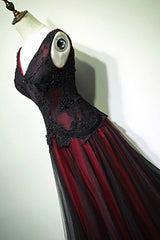 Black and Red V-Neck Tulle Long Prom Dress, Lace Evening Dress