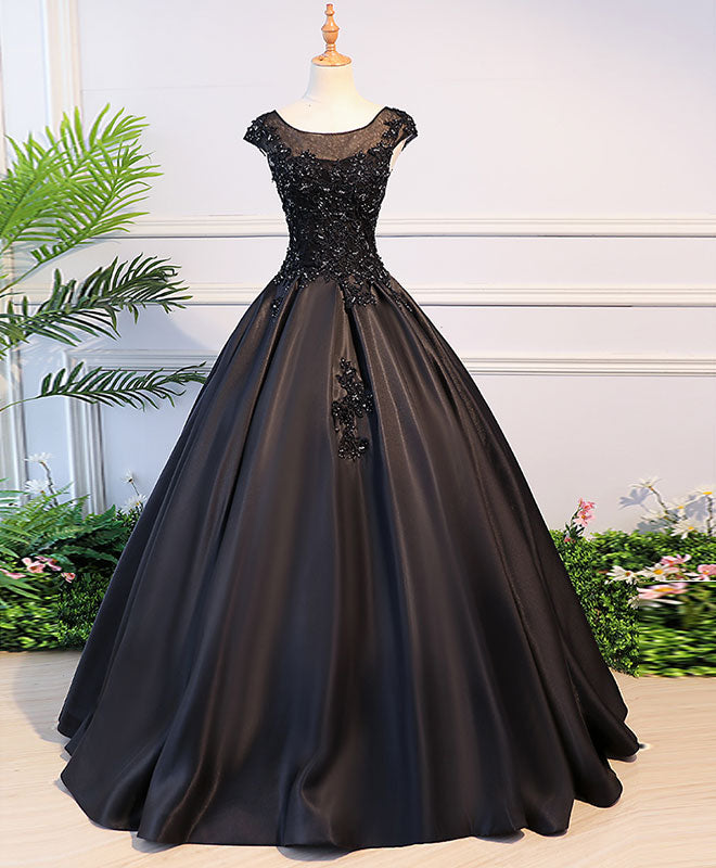 Black Round Neck Lace Long Prom Dress, Black Evening Dress