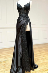 Black Spaghetti Straps Lace Appliques Prom Dress with Slit