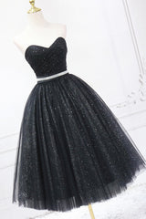 Black Strapless Shiny Tulle Tea Length Prom Dress, Black A-Line Homecoming Dress