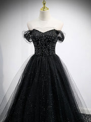 Black Sweetheart Off Shoulder Tulle Long Prom Dress, Black Evening Dress