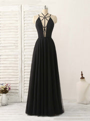 Black Tulle Backless Long Prom Dress, Black Evening Dress