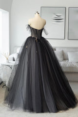 Black Tulle Long Prom Dress, Black A-Line Strapless Evening Dress