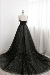 Black Tulle Long Prom Dress with Stars, Cute Spaghetti Straps Graduation Dress