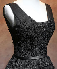 Black V Neck Tulle Lace Short Prom Dress, Black Homecoming Dresses