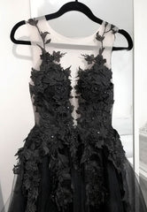 Black Tulle Lace Long Prom Dress, Black Formal Graduation Dress