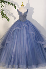 Blue Beaded Tulle Long A-Line Prom Dress, Blue Formal Dress