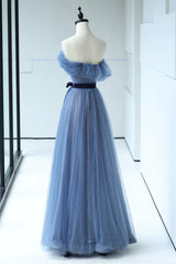 Blue Floor Length Prom Dress, A-line Strapless Tulle Evening Dress