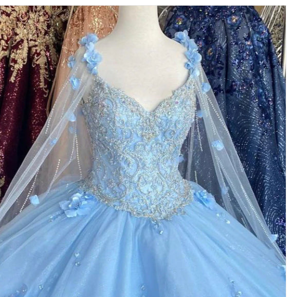 Blue flowers  tulle ball gown , chic prom dress